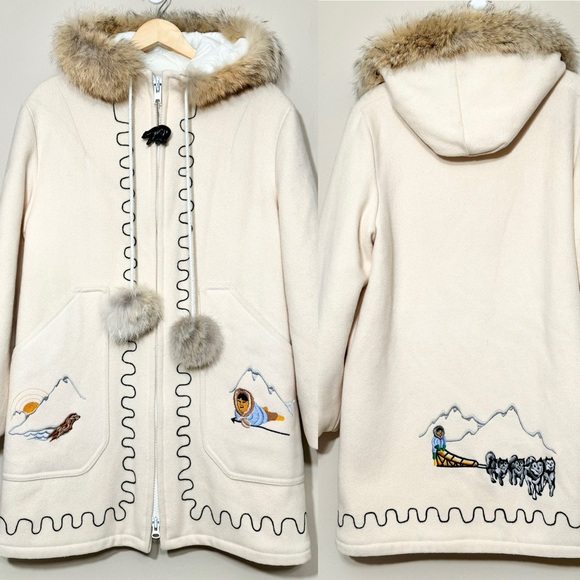 Vintage Northern Sun Virgin Wool Hood Parka Embroidered Alaska Hunt Otter Husky - Picture 3 of 16